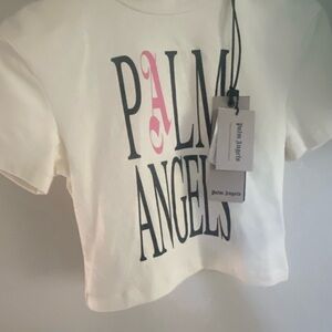 Palm Angels Kids Cream T-Shirt with Pink Logo